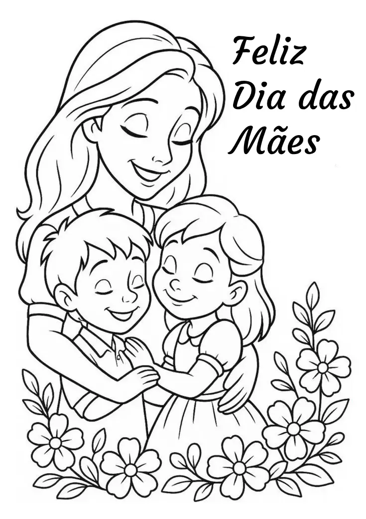 Uma mãe carinhosa abraçando seu filho e sua filha rodeados por flores, com a frase Feliz Dia das Mães no topo.