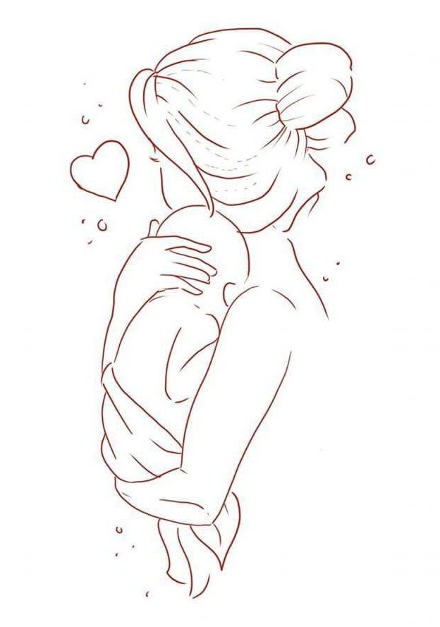 Desenho de uma mãe com coque abraçando seu bebê enrolado em um tecido, com um coração flutuando, ideal para colorir no Dia das Mães.