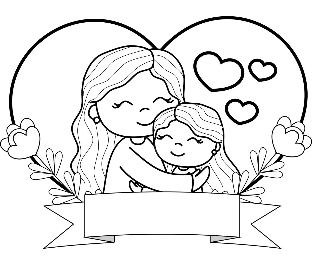 Desenho em preto e branco de uma mãe abraçando sua filha dentro de um grande formato de coração, rodeadas por flores e faixas para escrever uma mensagem.