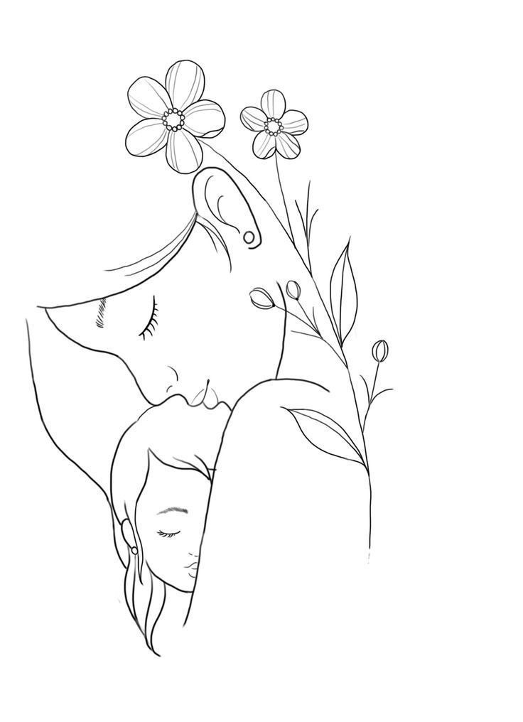 Desenho de mãe e filha em um abraço carinhoso com flores, ideal para imprimir e colorir e celebrar o Dia das Mães.