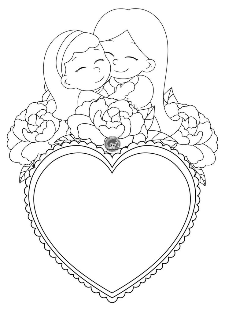 Desenho de mãe e filha em estilo cartoon, abraçadas em um coração com flores como cartão de comemoração, ideal para colorir e celebrar o Dia das Mães.