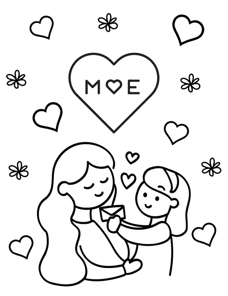 Desenho de mãe e filha abraçando com corações e flores para celebrar o Dia das Mães, pronto para imprimir e colorir.