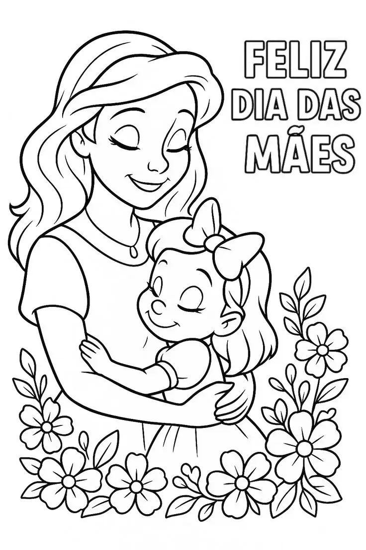 Desenho para colorir mostrando uma mãe e sua filha em um abraço carinhoso cercadas por flores, com a frase Feliz Dia das Mães ao lado.