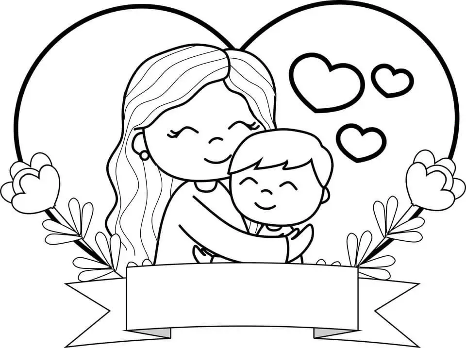 Desenho de linha para colorir mostrando uma mãe abraçando o filho dentro de um grande coração com flores nas laterais e uma faixa em branco para escrever uma mensagem.