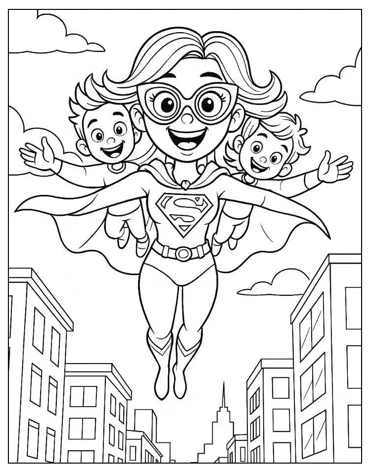 Desenho de uma mãe super-heroína voando com dois filhos pequenos, com a cidade ao fundo, estilo ilustração infantil para colorir.