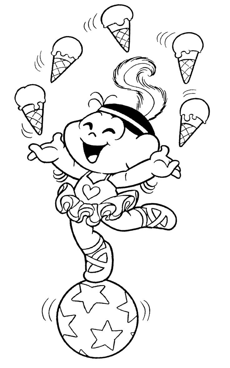 Desenho da Magali vestida de bailarina, equilibrada em uma bola e fazendo malabarismo com cinco sorvetes para colorir e imprimir.