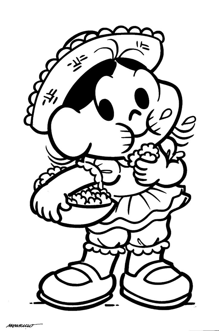 Desenho da Magali vestida com trajes de festa junina, segurando pipoca, para colorir e se divertir.