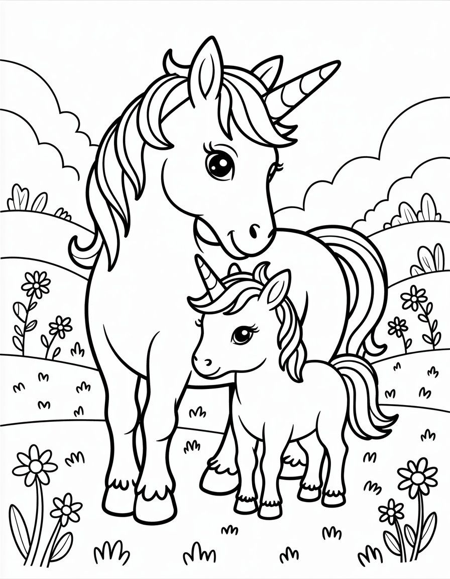 Uma mamãe unicórnio carinhosa ao lado de seu pequeno filhote em um campo cheio de flores e nuvens no fundo, com traços ideais para colorir.