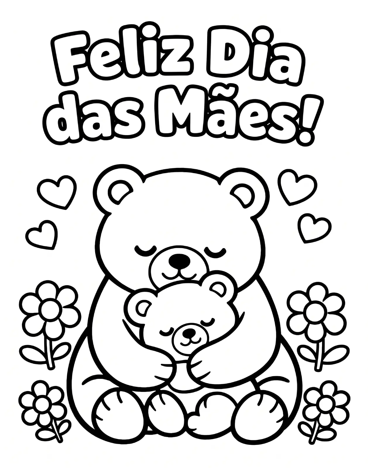 Desenho de uma mamãe ursa abraçando seu filhote com corações ao redor e flores, ideal para o Dia das Mães.
