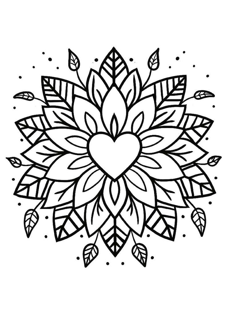 Mandala floral com um coração no centro, rodeada por folhas e pontos, ideal para colorir e focar na atenção plena.