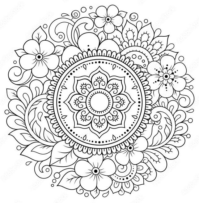 Desenho de uma mandala detalhada com padrões florais e geométricos para colorir e imprimir.