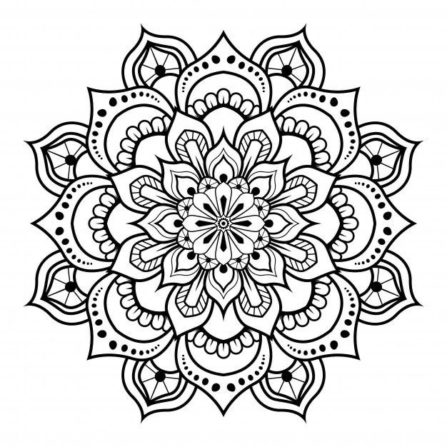 Desenho de mandala floral geométrica detalhada com padrões simétricos para relaxamento e meditação, pronto para colorir e imprimir.
