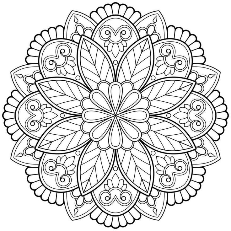 Desenho de uma mandala floral simétrica com pétalas, folhas e ornamentos circulares para imprimir e colorir.