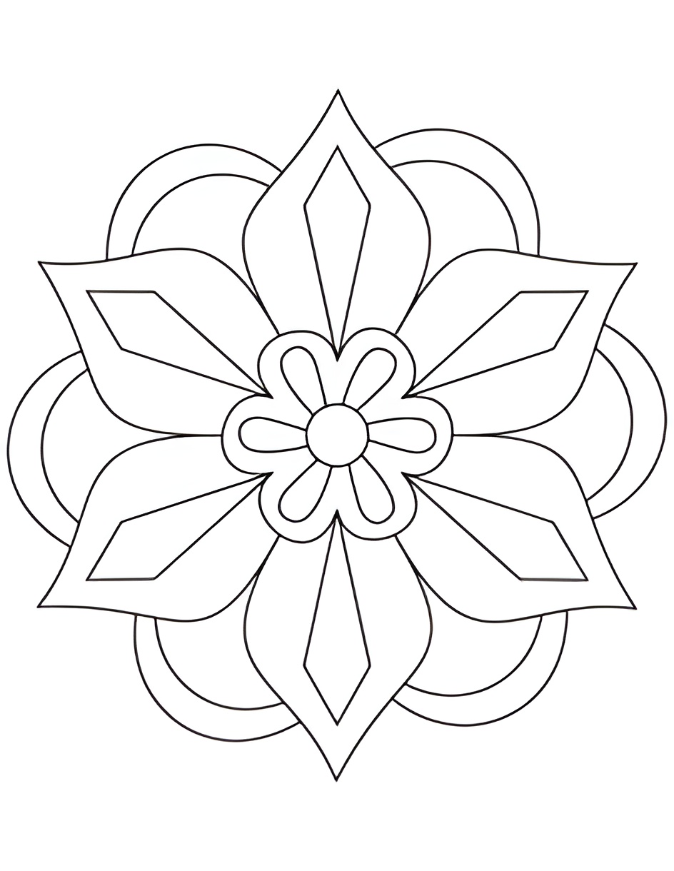 Desenho de uma mandala floral simples com pétalas pontudas e arredondadas, ideal para colorir e desenvolver a coordenação motora em crianças.