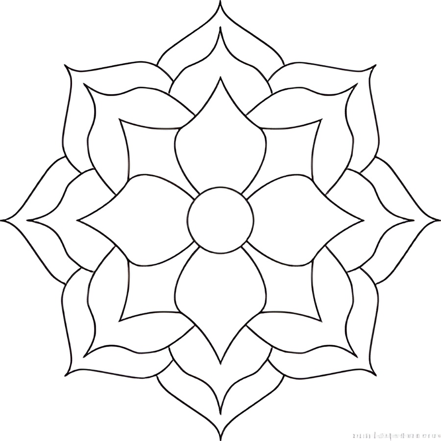 Desenho de mandala floral com pétalas simétricas em camadas concêntricas para colorir e relaxar.