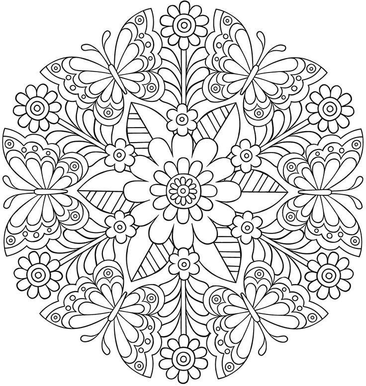 Desenho de mandala com flores de pétalas arredondadas, borboletas com padrões e folhas geométricas para colorir e imprimir.