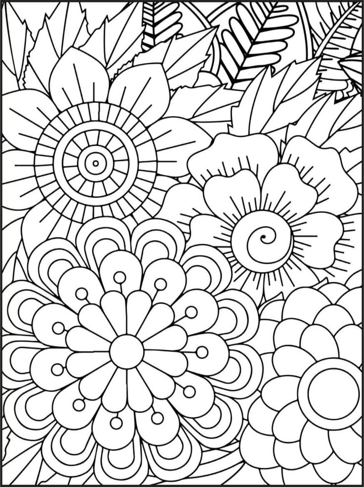Desenho de mandala com diversas flores, pétalas arredondadas e pontudas, e folhas para relaxar e colorir.