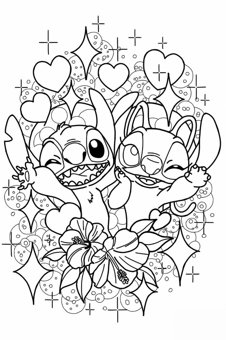 Desenho de Mandala da Lilo e Stitch com corações, estrelas e flores de hibisco para imprimir e colorir.