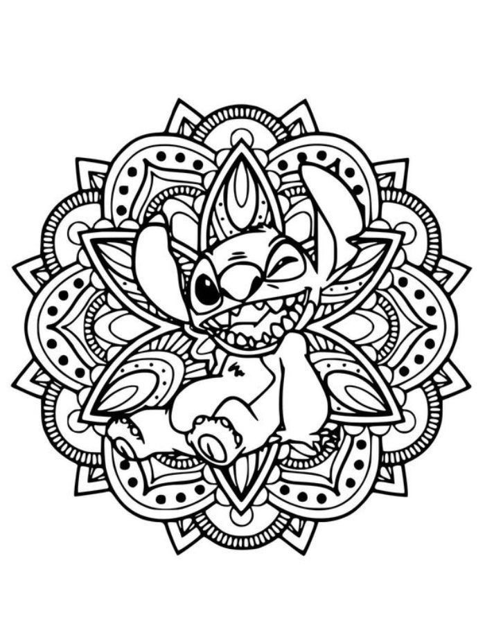 Desenho de mandala com o Stitch sorrindo e piscando um olho para colorir e imprimir.