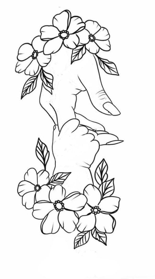 Desenho de mãos de mãe e filho (bebê) entrelaçadas, emolduradas por flores, ideal para colorir e presentear no Dia das Mães.