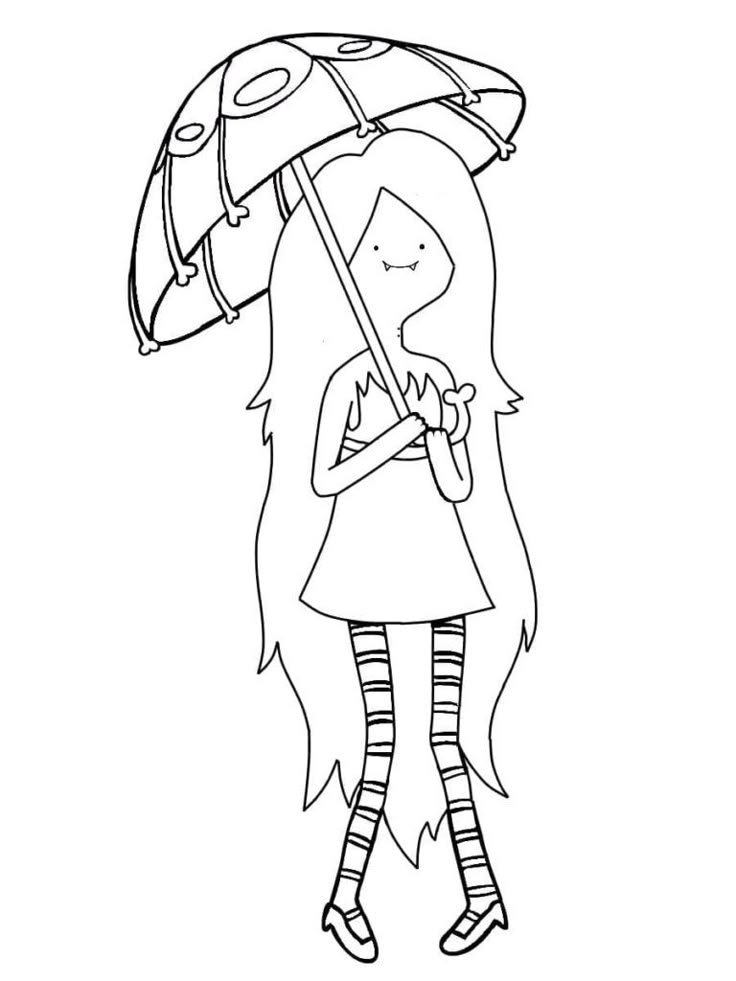 Desenho da Marceline de Hora de Aventura, uma vampira charmosa com guarda-chuva, para imprimir e colorir.