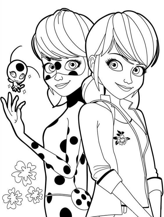 Desenho da Marinette e seu Alter ego Ladybug, lado a lado, acompanhados de sua fiel companheira Tikki, em preto e branco para imprimir e pintar.