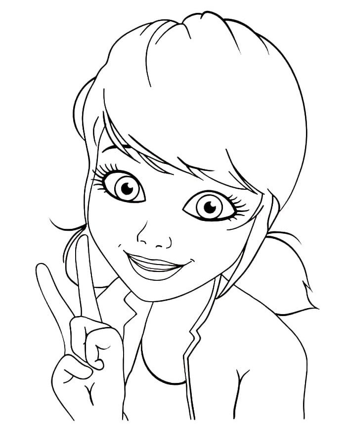Marinette de Ladybug com cabelo curto, franja e jaqueta fazendo sinal de V com os dedos para pintar.