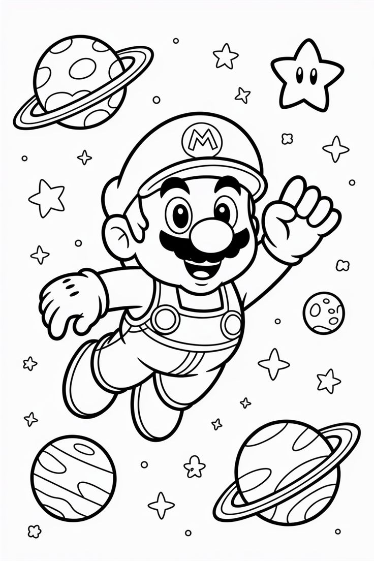 Desenho para colorir do Mario voando pelo espaço, cercado por planetas, anéis planetários e estrelas brilhantes.