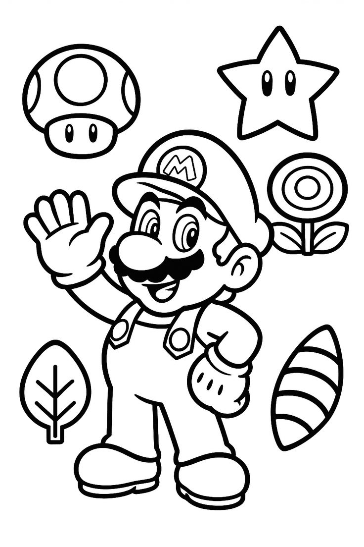 Desenho para colorir do Mario acenando com a mão, cercado por uma Estrela do Poder, um Cogumelo, uma Flor de Fogo e uma Folha Tanooki.