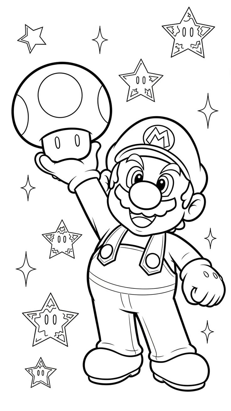 O personagem Mario, do videogame Super Mario Bros, segurando um cogumelo mágico no alto rodeado por estrelas brilhantes.