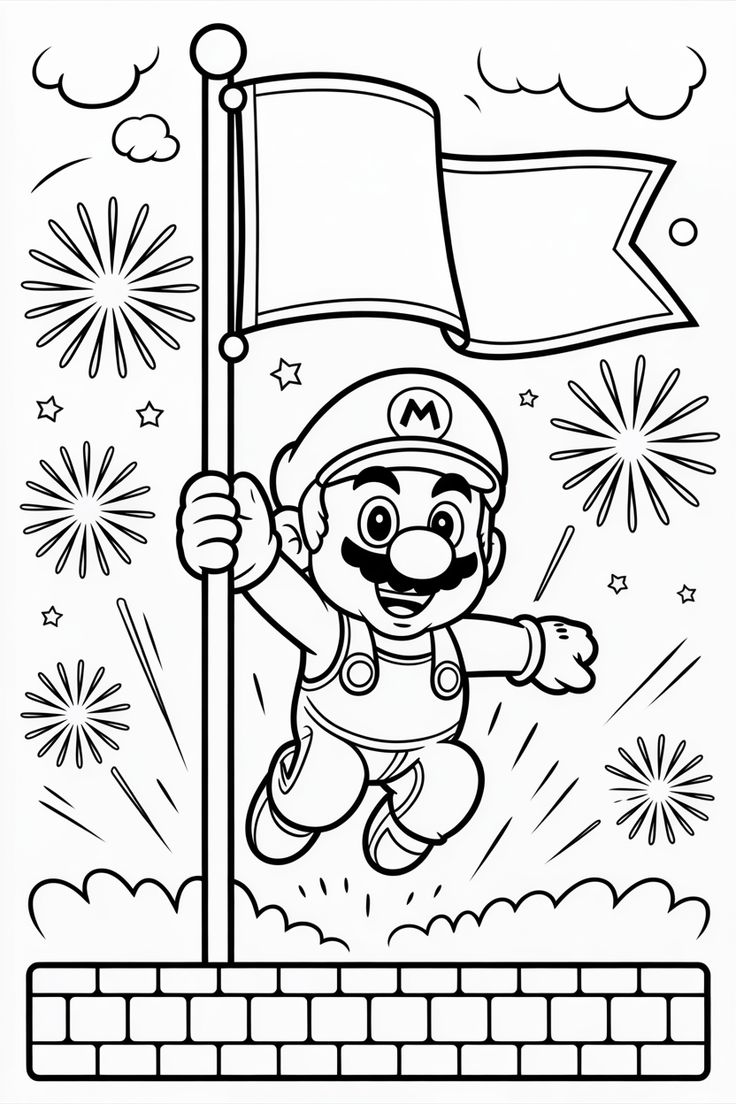 Desenho para colorir mostrando o Mario Bros saltando e segurando a bandeira de vitória no topo do mastro com fogos de artifício ao fundo.