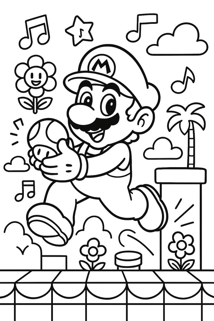 Desenho para colorir do Mario segurando um cogumelo, cercado por flores, notas musicais e um cano com uma palmeira em um cenário do Reino das Maravilhas.