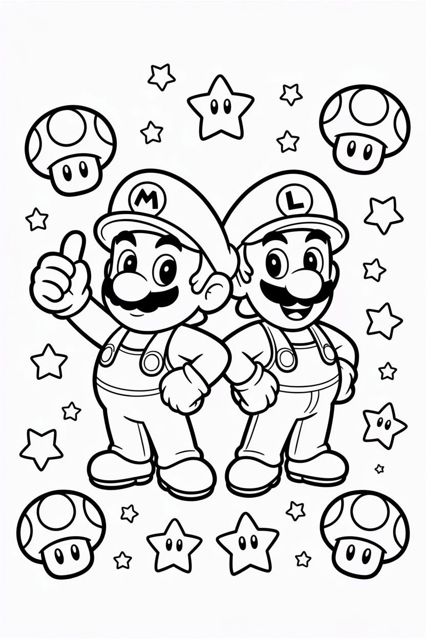 Desenho para colorir dos personagens Mario e Luigi lado a lado com estrelas e cogumelos ao fundo