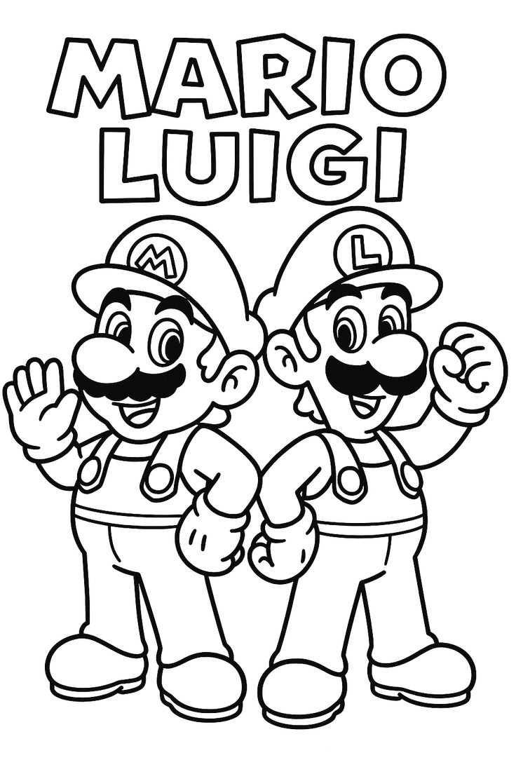 Desenho para colorir dos irmãos Mario e Luigi em pose de aventura, com seus bonés característicos e uniformes de encanadores.