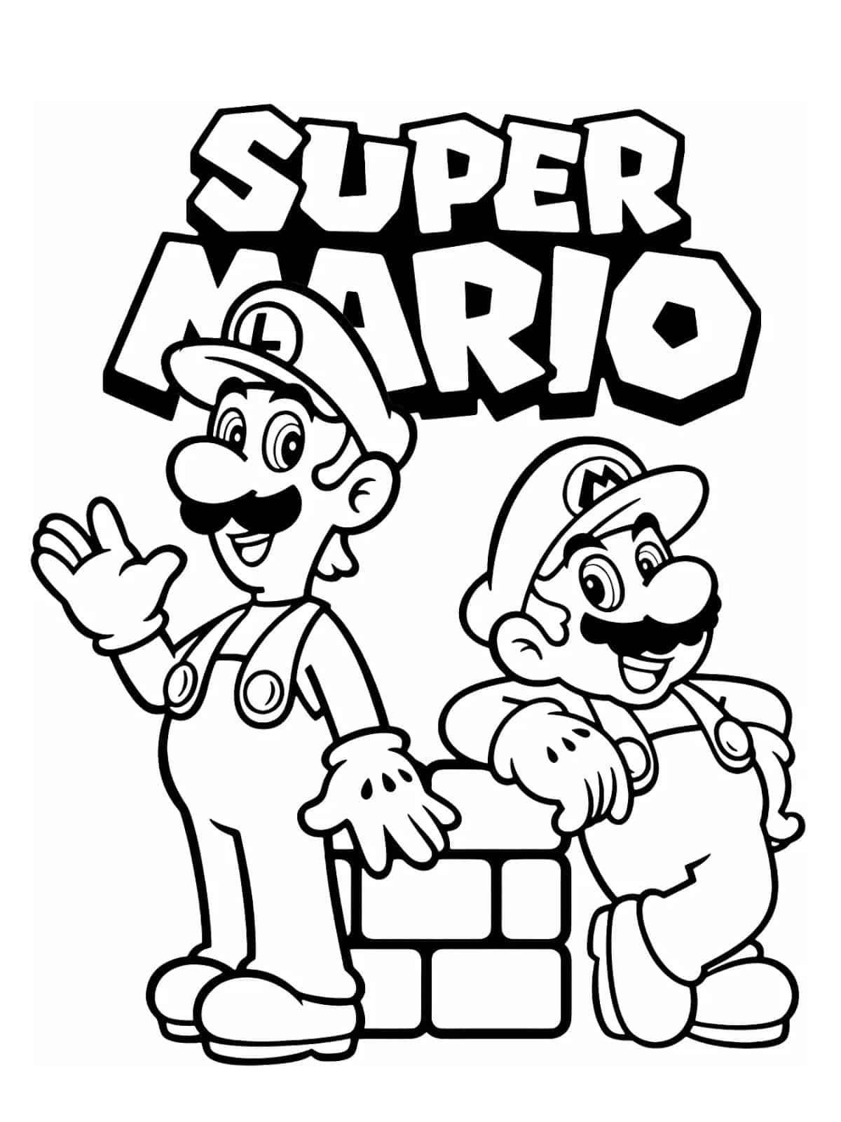 Ilustração em preto e branco de Mario e Luigi sorrindo e acenando ao lado de um bloco de tijolos do universo Super Mario.