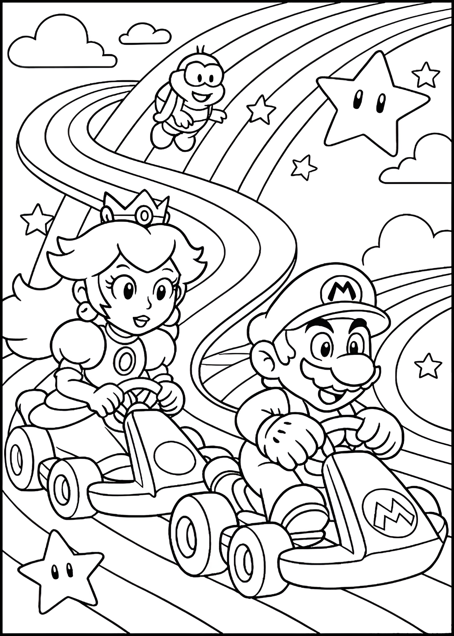 Mario e Princesa Peach dirigindo seus karts em uma pista arco-íris com o Lakitu voando ao fundo.