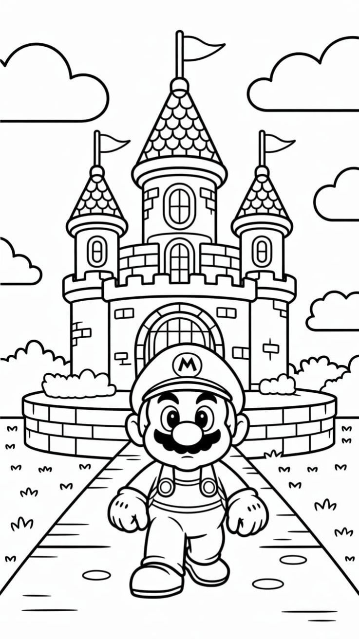 Personagem Mario em destaque na frente de um castelo grande com torres e bandeiras, pronto para colorir.