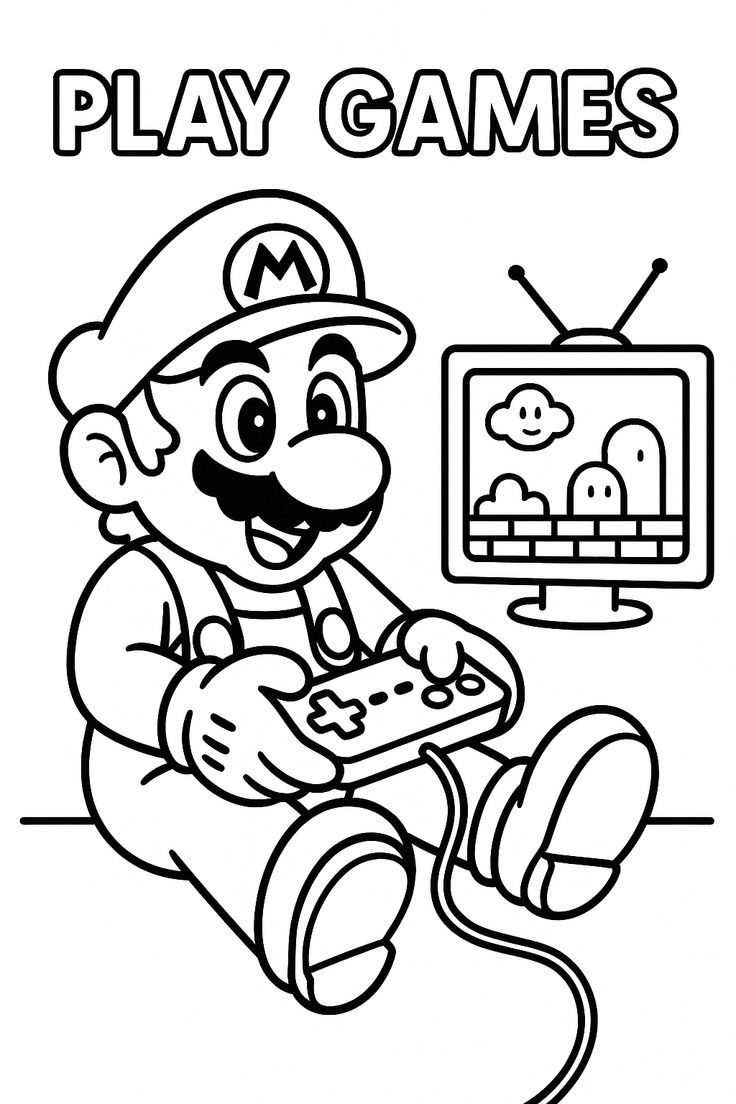 O personagem Mario Bros sentado no chão, segurando um controle de videogame e olhando para uma televisão com a fase clássica do jogo.