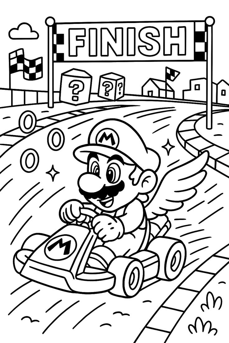Mario dirigindo seu kart com asas, prestes a cruzar a linha de chegada com moedas na pista
