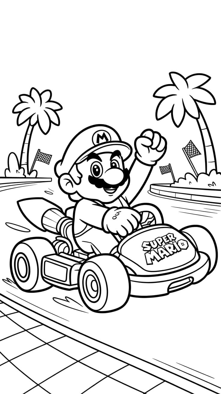 Mario dirigindo seu kart na pista da Praia Cheep Cheep com as mãos para o alto, em estilo de desenho para colorir.