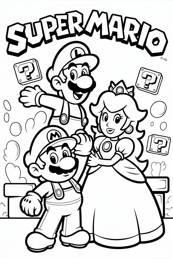 Desenho para colorir mostrando o Mario, Luigi e a Princesa Peach juntos em frente a blocos de interrogação do Super Mario.
