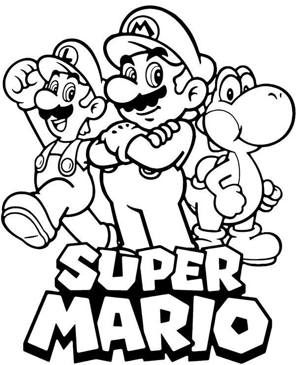 Desenho para colorir de Mario, Luigi e Yoshi posando juntos com o logo Super Mario abaixo.
