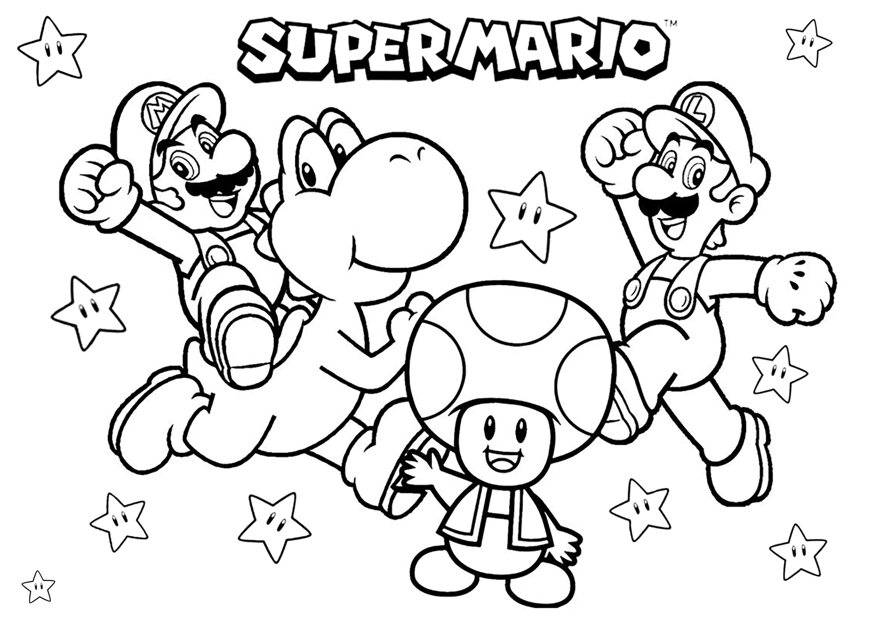 Desenho para colorir contendo Mario, Luigi, Yoshi e Toad saltando juntos, rodeados por estrelas.