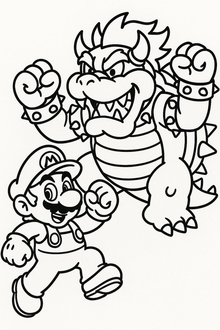 Desenho para colorir mostrando o Mario correndo na frente do vilão Bowser em posição de ataque.