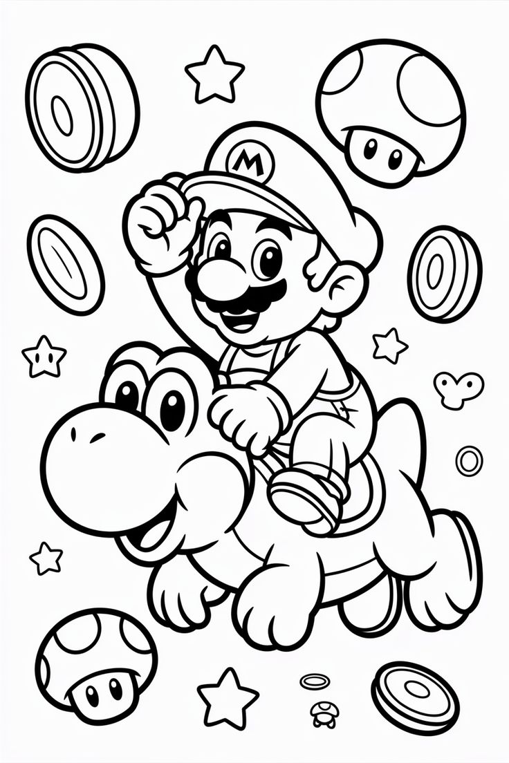 Desenho para colorir do personagem Mario montado nas costas do dinossauro Yoshi, cercado por moedas, estrelas e cogumelos.