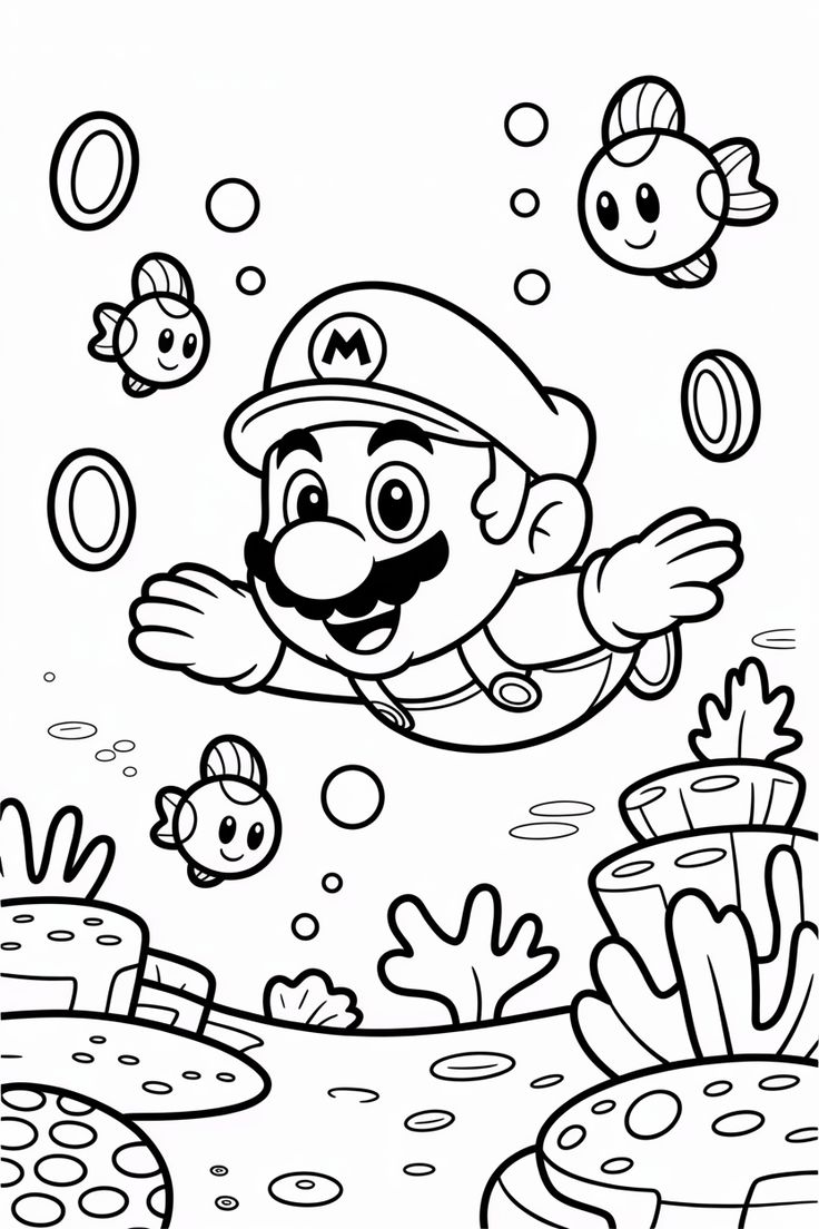 Personagem Mario nadando cercado por peixes, bolhas e moedas de ouro em um cenário de fundo do mar.
