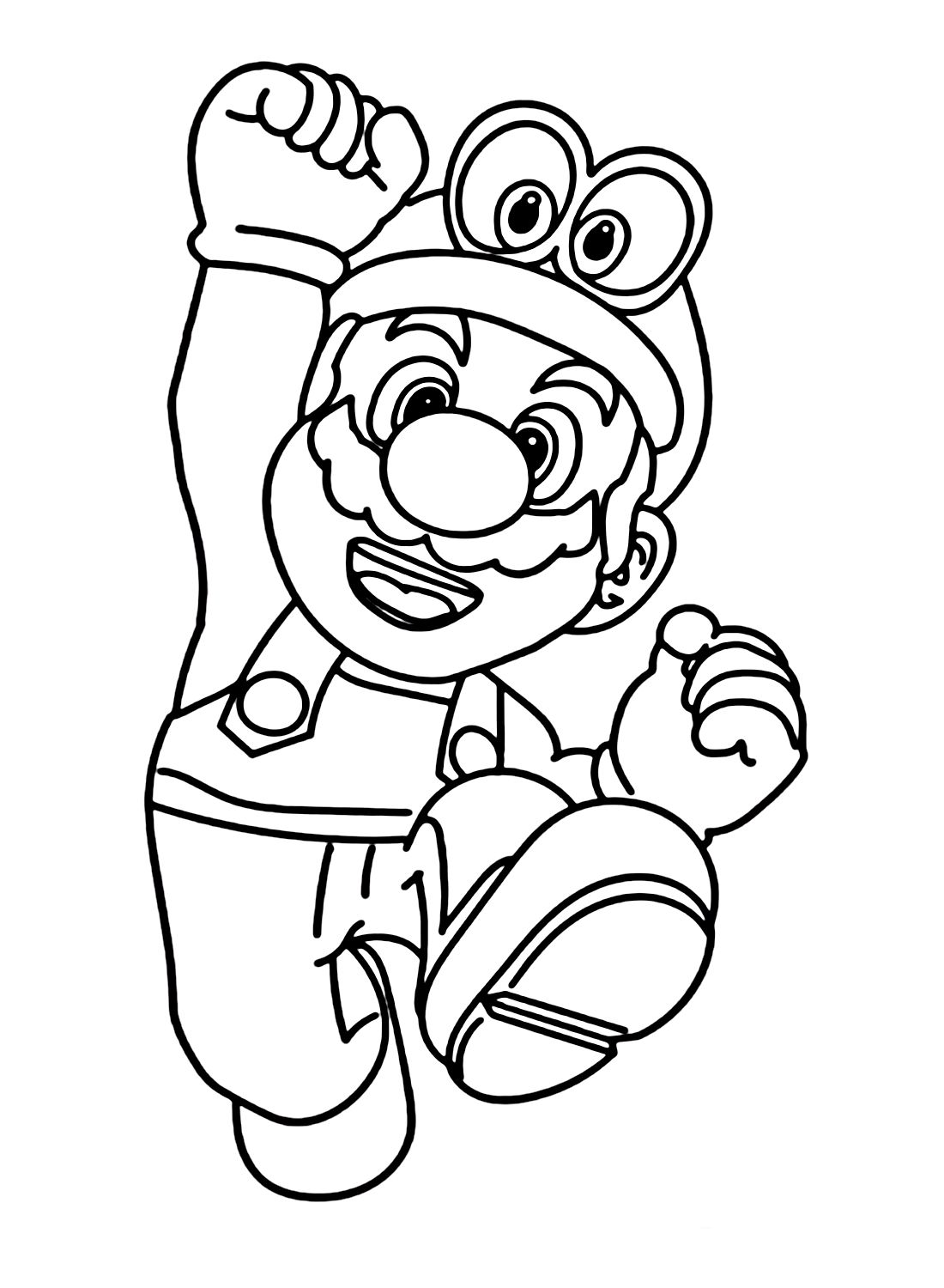 Desenho para colorir do Mario de Super Mario Odyssey saltando com o chapéu mágico Cappy, traço contínuo em preto e branco.