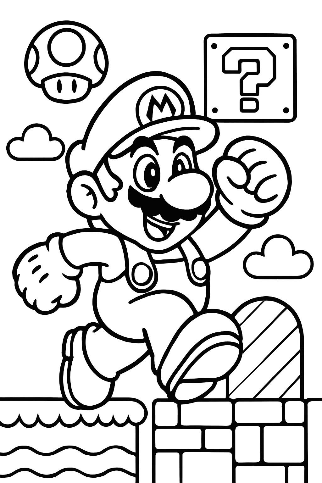 Personagem Mario em uma pose dinâmica de salto, com um bloco de interrogação e um cogumelo ao fundo, pronto para colorir.