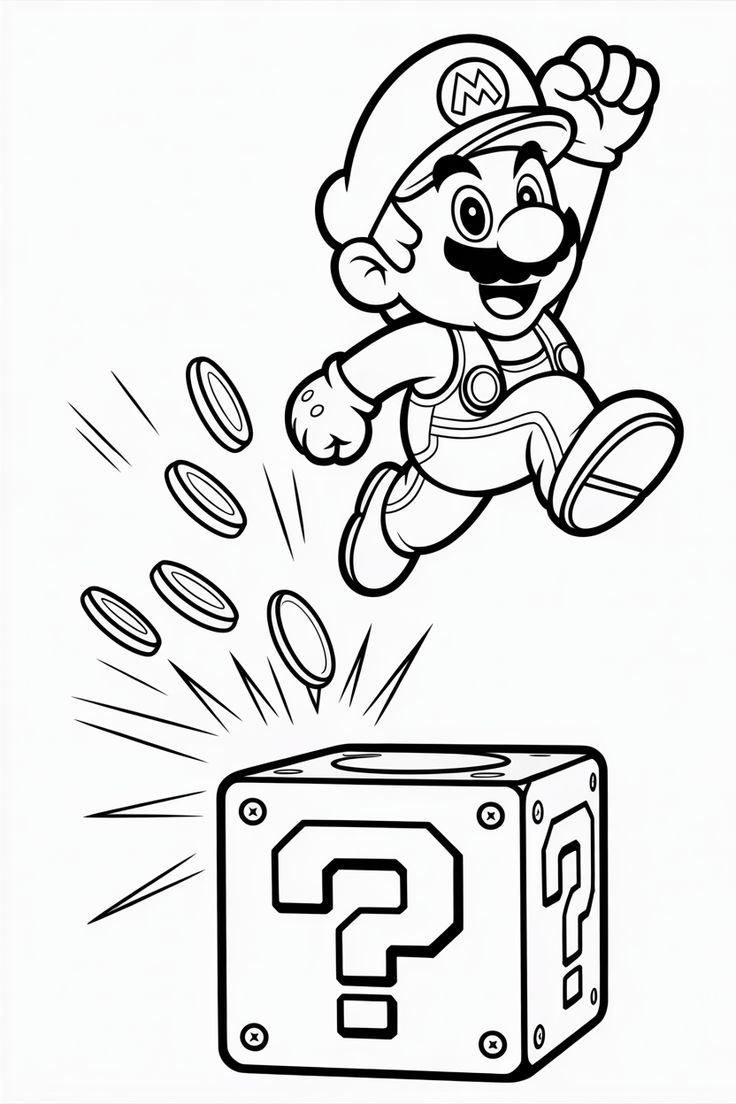 Desenho para colorir do Mario Bros realizando um salto e batendo em um bloco de interrogação de onde saem várias moedas douradas.