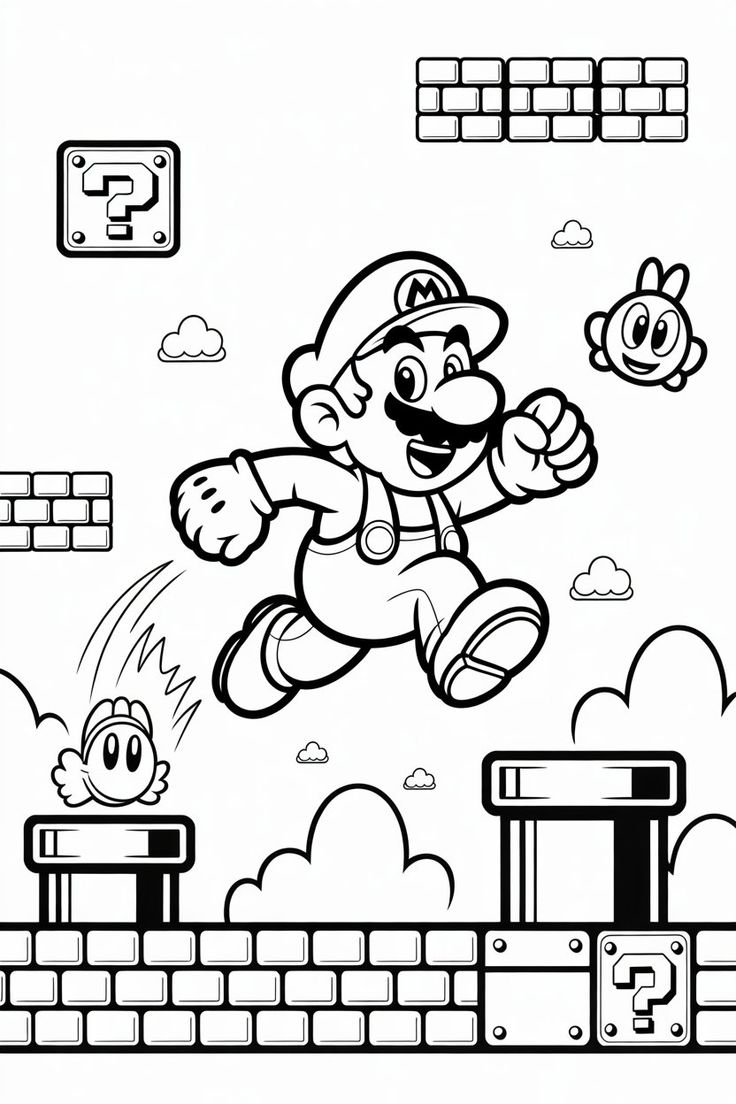 Desenho para colorir mostrando o Mario saltando em um cenário de plataforma com blocos de tijolos e blocos de interrogação.